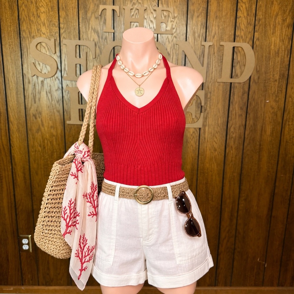 Red Ribbed Halter Top Reformation Women M Y2K Coastal Minimalist Model Off Duty